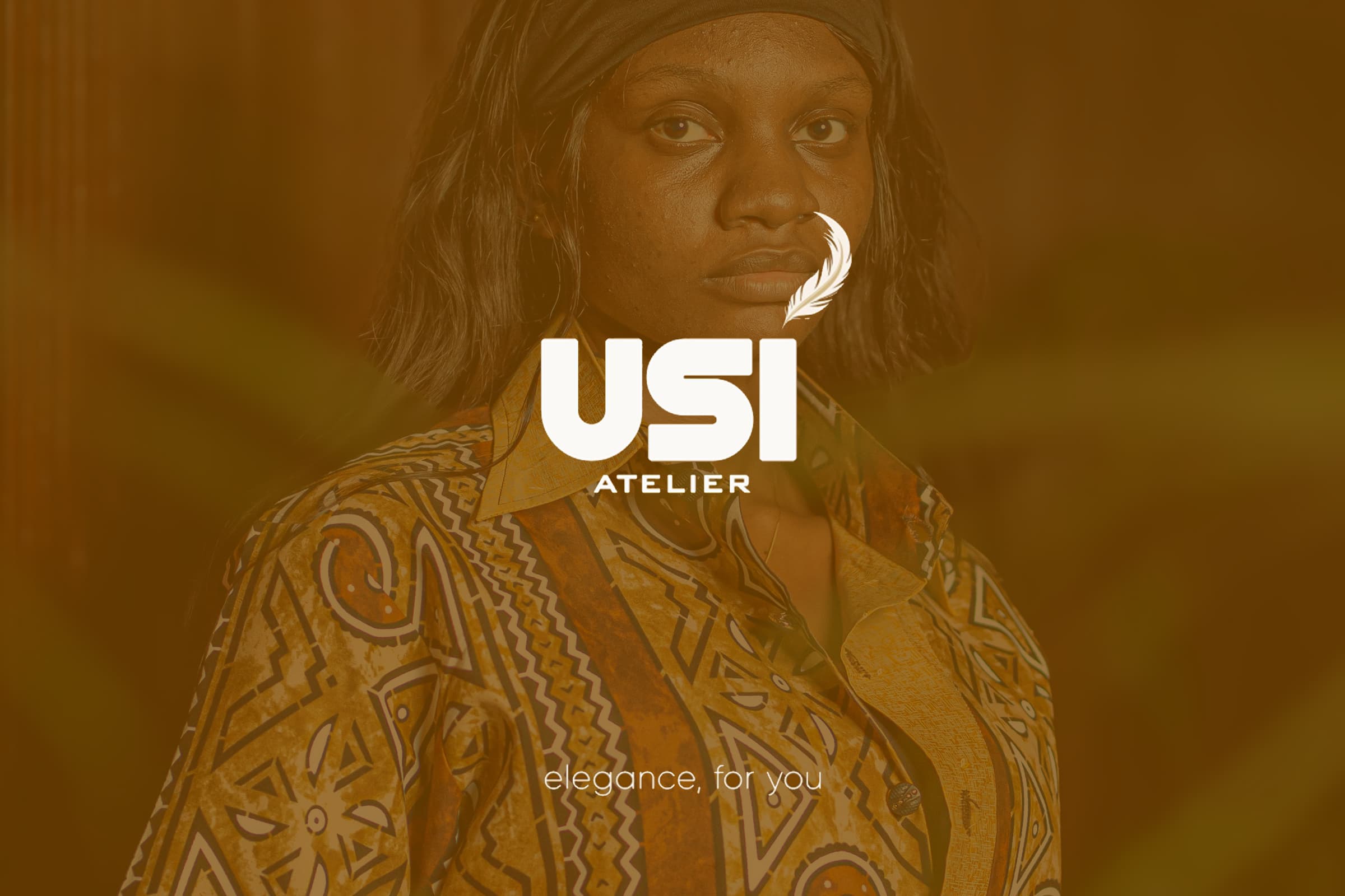 The USI Atelier logo and the words “elegance, for you” over a model wearing a patterned shirt